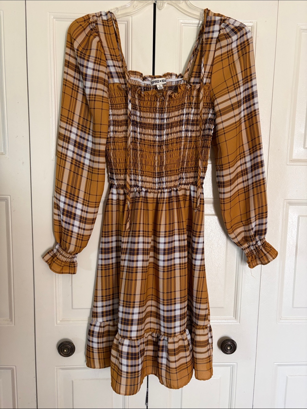 Boho Cottagecore Babydoll Dress Mini Plaid Smocking Fall Ruffle Ties Size Small